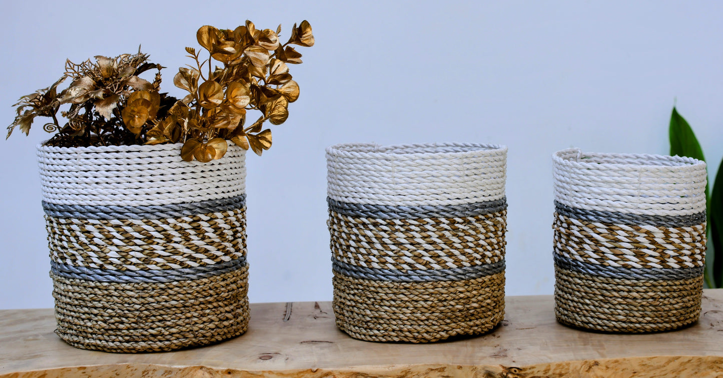 Layan Tri-Colour Seagrass Storage Baskets - - Gold, White & Natural (Set of 3)