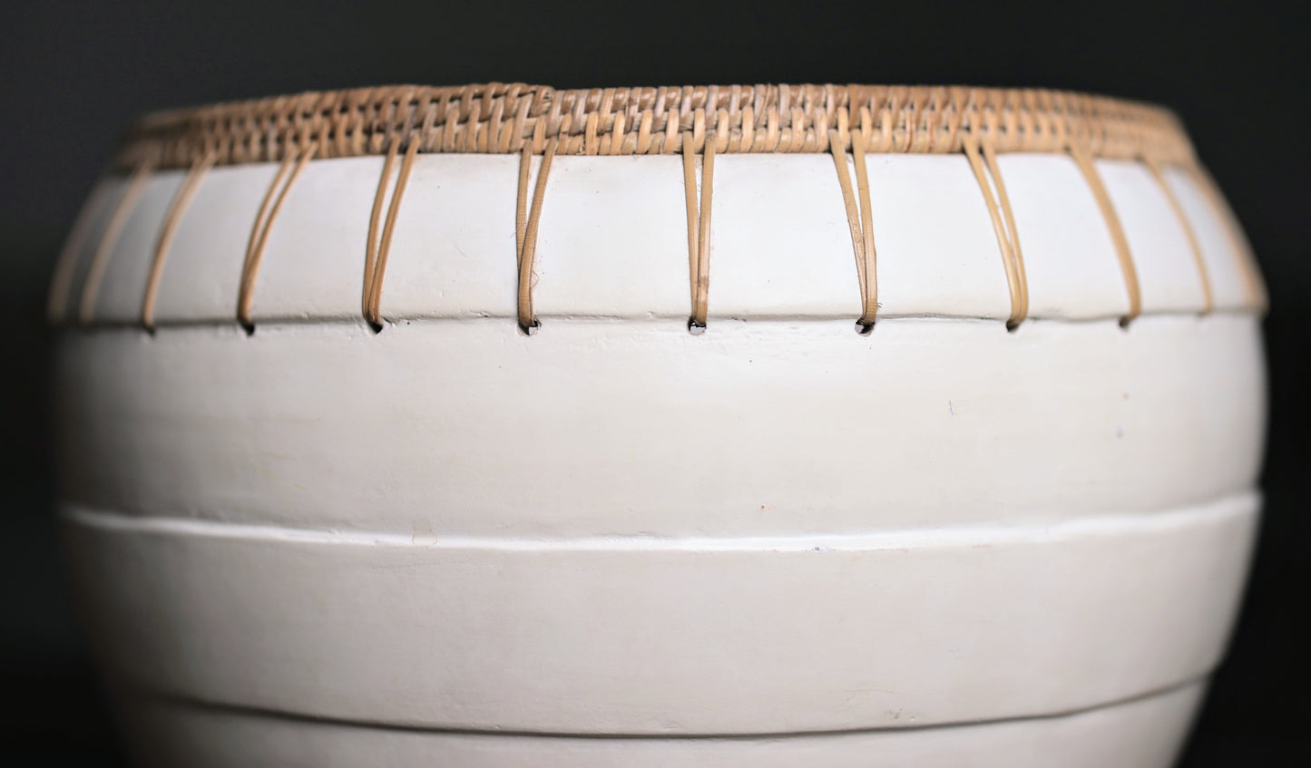 Kanti White Terracotta Bowl with Rattan Trim