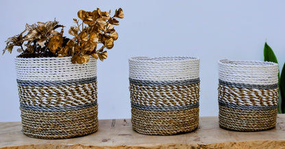 Layan Tri-Colour Seagrass Storage Baskets - - Gold, White & Natural (Set of 3)