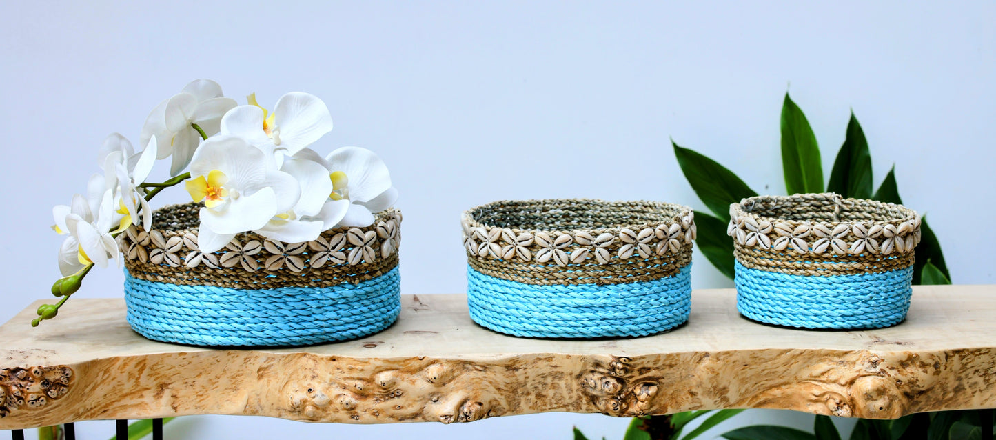 Maren Coastal Blue Seagrass Baskets with Cowrie Shells (Set of 3)