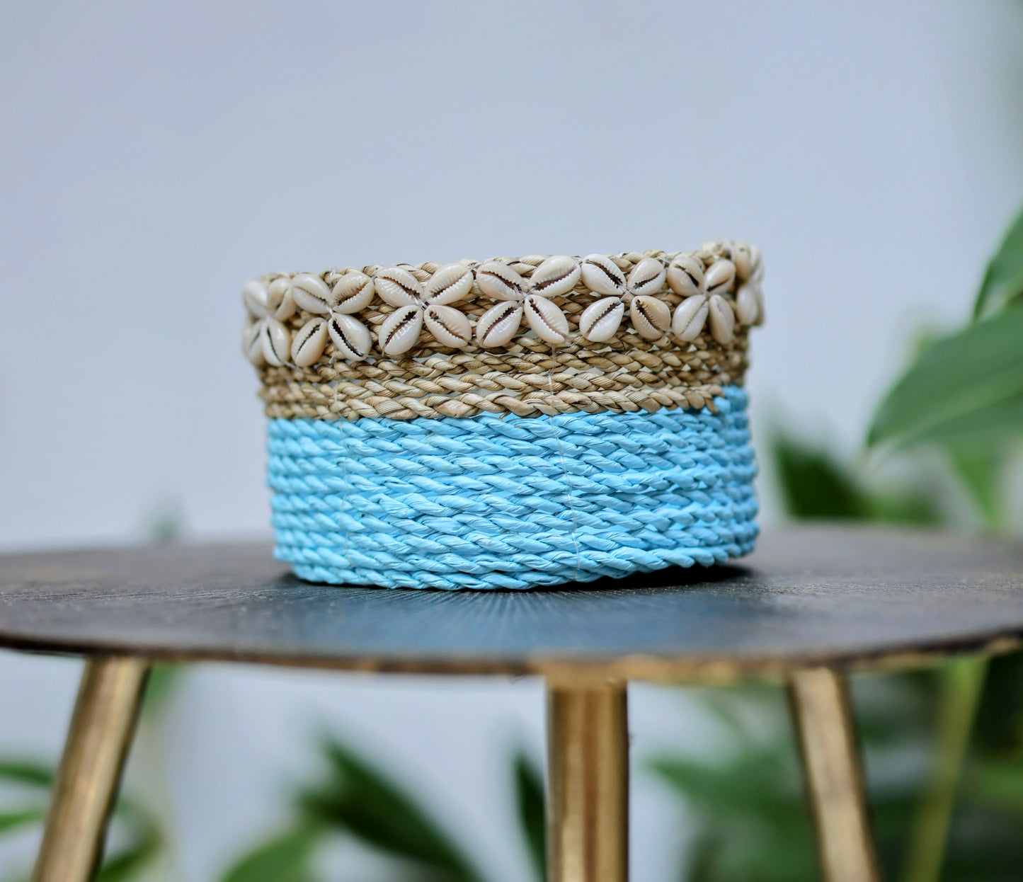 Maren Coastal Blue Seagrass Baskets with Cowrie Shells (Set of 3)