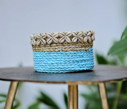 Maren Coastal Blue Seagrass Baskets with Cowrie Shells (Set of 3)