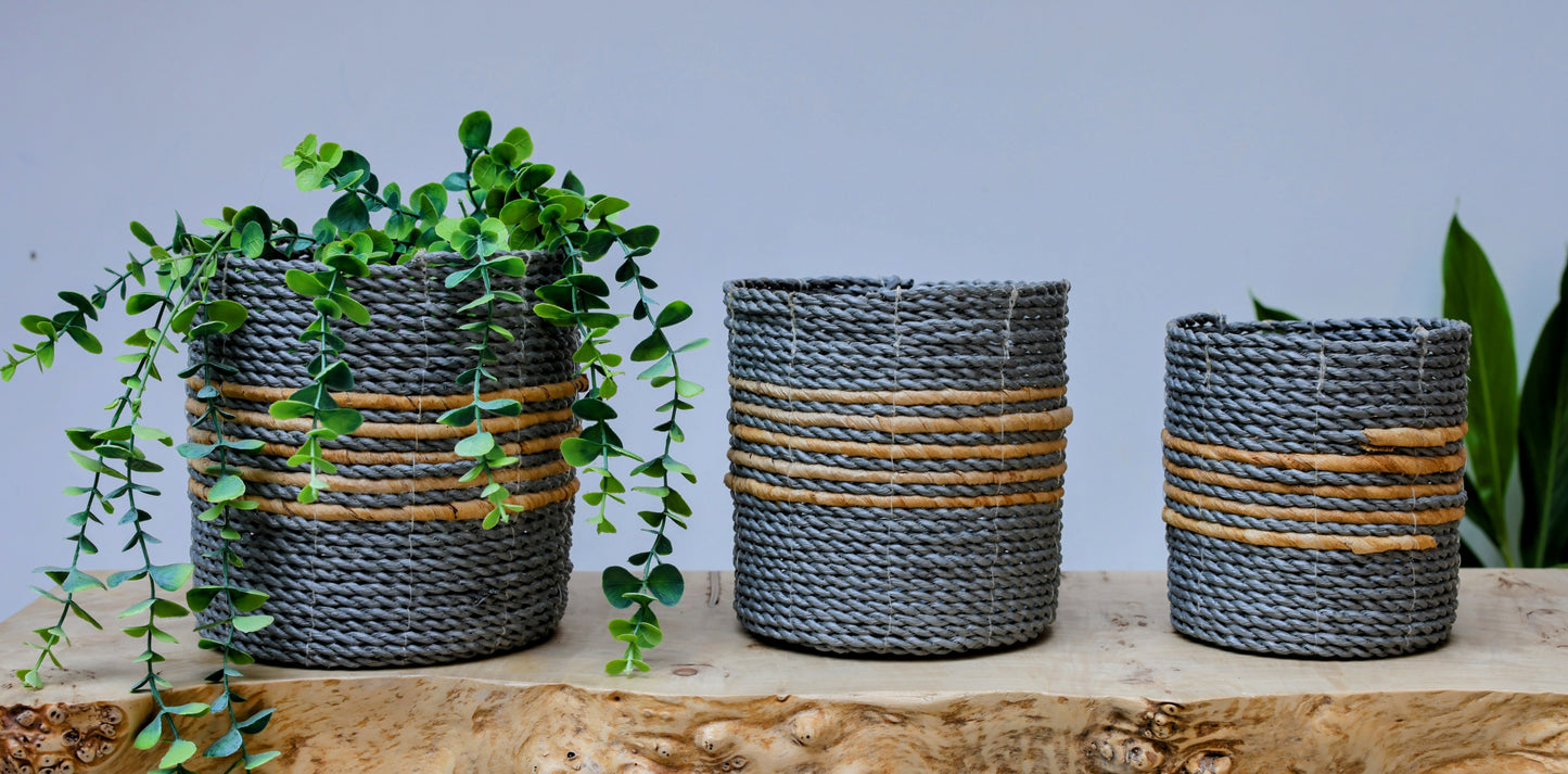 Samudra Two-Tone Seagrass Planter | Grey & Natural (Set of 3)