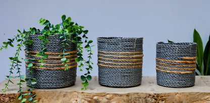 Samudra Two-Tone Seagrass Planter | Grey & Natural (Set of 3)