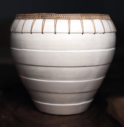 Kanti White Terracotta Bowl with Rattan Trim