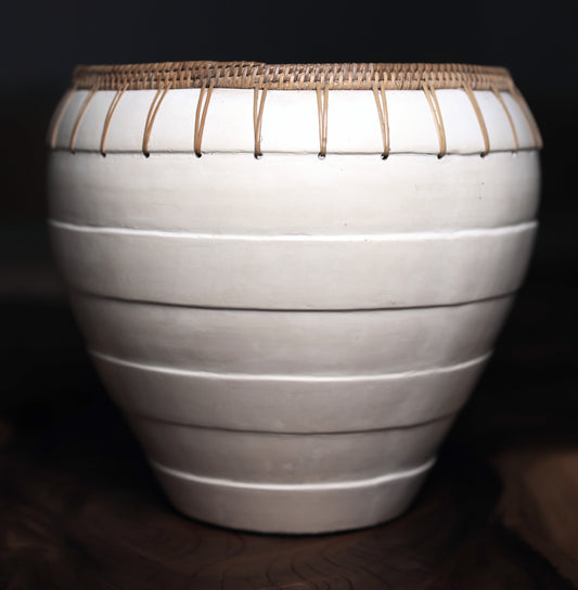 Kanti White Terracotta Bowl with Rattan Trim
