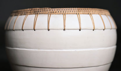 Kanti White Terracotta Bowl with Rattan Trim