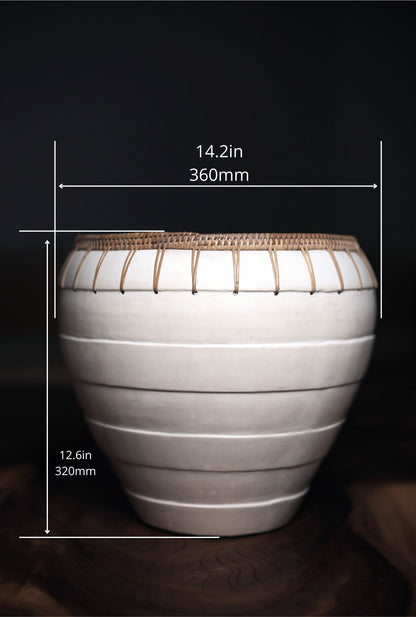 Kanti White Terracotta Bowl with Rattan Trim